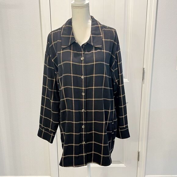 Isaac Mizrahi Live Plaid Black Tan Shacket Long Sleeve Size XL Mid Length - Picture 1 of 16